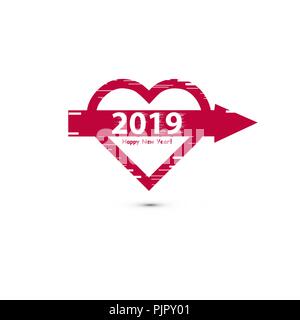 Kreative frohes neues Jahr 2019. Flache Bauform mit Line Art Herz Symbol. mit Schatten. Skizzieren. Stock Vektor