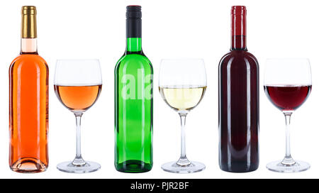 Wein Flaschen Gläser Rot Weiss Rose auf weißem Hintergrund Stockfoto