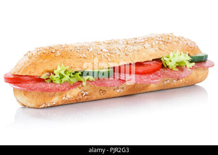 Baguette sub Sandwich mit Salami ganze Körner Korn frisch auf weißem Hintergrund Stockfoto