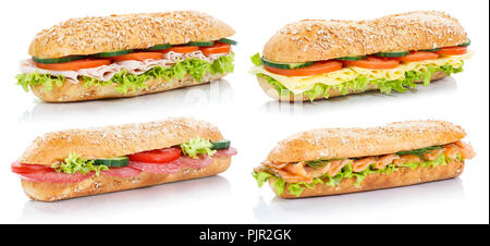 Sammlung von Baguette Sandwiches mit Salami, Schinken, Käse Lachs Fisch ganze Körner frisch auf weißem Hintergrund Stockfoto