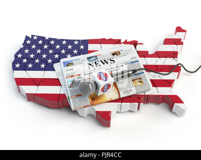 Nachrichten von USA, Presse und Journalismus Konzept. Mikrofon und Zeitung auf die Karte in den Farben der Flagge der USA. 3D-Darstellung Stockfoto