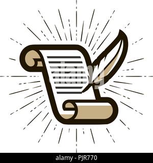 Dokument, Vertrag Logo oder Label. Literatur, Schreiben, Feder und Papier. Vector Illustration Stock Vektor