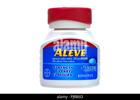 Aleve, Naproxen Tabletten, Flasche Aleve Stockfoto