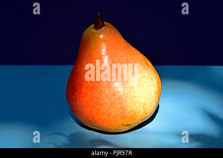 Eine reife, gefleckt gelb-orange Bartlett pear auf einem türkisblauen Tabelle, seitlich Nahaufnahme Stockfoto