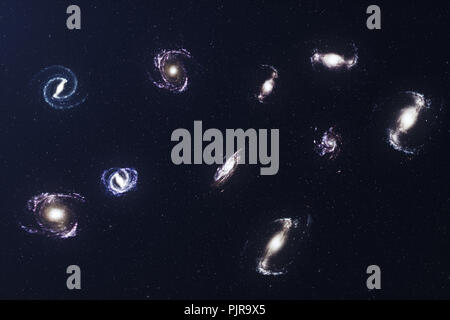 3D-Illustration Galaxis in die Tiefen des Weltraums. Spiralförmige Galaxie aus Star Dust, Nebel aus Gas, Konzept der Deep Space Travel. Wissenschaftliches Konzept. Elemente Stockfoto