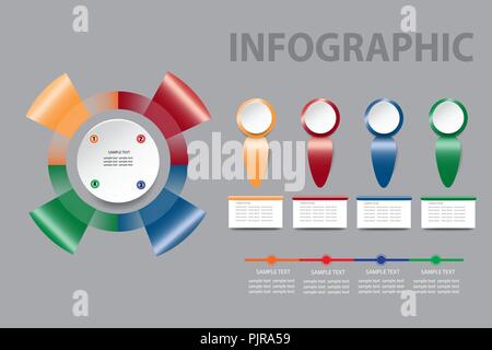 Moderne vierteljährliche Infografik Vektor der bunten Farbverlauf Kreis Schablone aus bunten Formen aus Metall. Timeline, Rechteck Etiketten und Symbole der Peop Stock Vektor