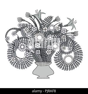 Vektor Pflanzen, Blätter, Blumen in einer Vase. Vektor immer noch Leben. Doodle Pflanzen Stock Vektor