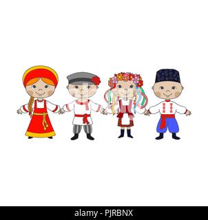 Kinder in verschiedenen traditionellen Kostümen. Vektor Menschen Russische und Ukrainische in einer freundlichen Tanz Stock Vektor