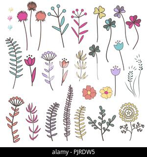 Große Sammlung mit Doodle Blumen und Kräuter mit Blättern. Blumen von Hand gezeichnet Vektor dekorative Elemente für Ihr Design. Vector Illustration Stock Vektor