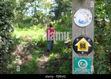 Wye Valley Walk Wanderweg Markierung Zeichen, wie Caple neben dem Fluss Wye in Herefordshire UK Stockfoto