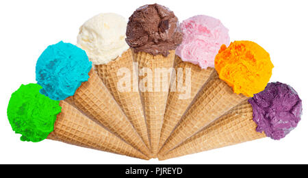 Gruppe von eisportionierer Eisbecher Kegel icecream Sommer auf weißem Hintergrund Stockfoto