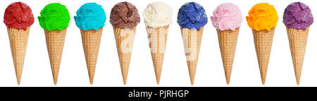 Eisportionierer Sammlung Eisbecher Kegel in einer Reihe icecream Sommer auf weißem Hintergrund Stockfoto