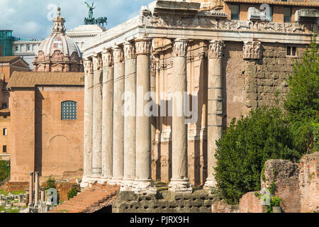 Alte Spalten der Tempel des Antoninus und der Faustina, zur Kirche von San Lorenzo in Miranda, Forum Romanom (Forum Romanum), Rom, Italien Stockfoto