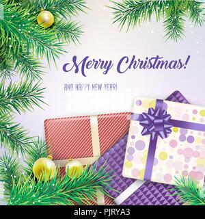 Frohe Weihnachten Grußkarten mit Geschenkboxen, Tannenbaum, Zweige und Weihnachtskugeln. Eps 10 Vector Illustration. Stock Vektor