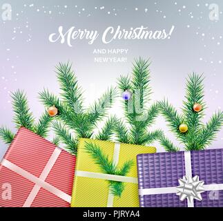 Frohe Weihnachten Grußkarten mit Geschenkboxen, Tannenbaum, Zweige und Weihnachtskugeln. Eps 10 Vector Illustration. Stock Vektor