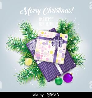 Weihnachtskarte mit Geschenk Boxen und Fir Tree Branches. Eps 10 Vector Illustration. Stock Vektor