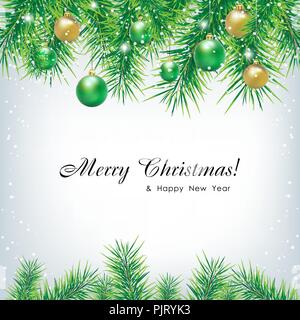 Weihnachten Hintergrund. Eps 10 Vektor. Weihnachten Hintergrund mit Fell Baum brunches, gelbe und grüne Weihnachten Kugeln und Schnee. Schnee auf der Pine Tree Brunches. Stock Vektor