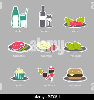 Bunte essen Symbole auf dem grauen Hintergrund. Menü im Restaurant essen und trinken Symbole. Eps 10 Vektor einrichten. Sammlung von einfachen Design Vector Icons. veganes Essen. Stock Vektor
