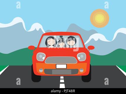 Vector Abbildung: ein rotes Auto mit einer Familie auf einer Urlaubsreise mit Bergen, blauen Himmel und die Sonne in den Hintergrund - Flache Bauform mit Platz für Text Stock Vektor