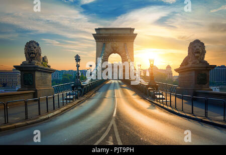 Statuen der Löwen auf die Kettenbrücke in Budapest bei Sonnenaufgang, Ungarn Stockfoto