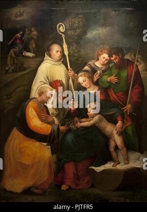 Bartolomeo Ramenghi (1484-1542) - De Heilige Familie met Benedictus Paulus en Maria Magdalena (1525) - Bologna, Pinacoteca Nazionale - 26-04-2012 9-14-39. Stockfoto