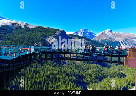 Touristen am Gletscher Skywalk, Columbia Icefield Rocky Mountains, Jasper National Park, Alberta, Kanada Stockfoto