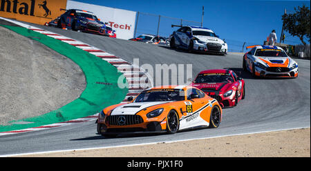 Monterey, CA, USA. 08 Sep, 2018. #65 A. Treiber Tim Probert/Brent Mosing führen den Satz durch den Korkenzieher während der Continental Monterey Grand Prix IMSA Continental Tire Sports Car Challenge Rennen an Weathertech Raceway Laguna Seca in Monterey, CA Thurman James/CSM/Alamy leben Nachrichten Stockfoto