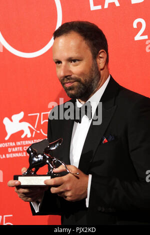 Venedig, Italien. 8. September 2018. Yorgos Lanthimos Gewinner Jury Prix silberner Löwe mit dem Film "Der Favorit". 75. Internationalen Filmfestspielen Venedig Foto © ottavia Da Re/Sintesi/Alamy leben Nachrichten Stockfoto