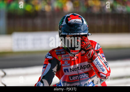 Rimini, Italien. 9. September 2018. 99 Jorge Lorenzo aus Spanien, Movistar Yamaha MotoGP Team, Yamaha YZR-M1 2018, Gran Premio Octo di San Marino e della Riviera di Rimini, während der Sonntag Warm Up im Marco Simoncelli World Circuit für die 13. Runde der MotoGP-Weltmeisterschaft, die vom 7. bis zum 9. September Quelle: AFP 7/ZUMA Draht/Alamy leben Nachrichten Stockfoto