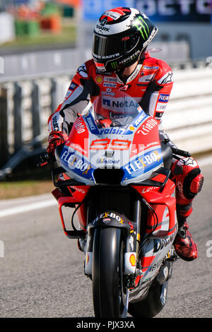 Rimini, Italien. 9. September 2018. 99 Jorge Lorenzo aus Spanien, Movistar Yamaha MotoGP Team, Yamaha YZR-M1 2018, Gran Premio Octo di San Marino e della Riviera di Rimini, während der Sonntag Warm Up im Marco Simoncelli World Circuit für die 13. Runde der MotoGP-Weltmeisterschaft, die vom 7. bis zum 9. September Quelle: AFP 7/ZUMA Draht/Alamy leben Nachrichten Stockfoto