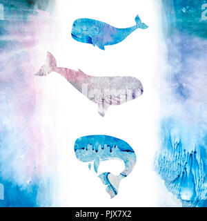 Wale aquarell Textur Tier Aquarell splash abstrakte Textur Charakter zeichnen Abbildung geometrische clip art für Geburtstag Feier drucken Stockfoto