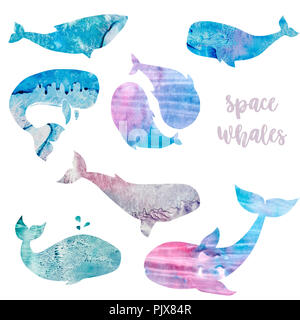 Wale aquarell Textur Tier Aquarell splash abstrakte Textur Charakter zeichnen Abbildung geometrische clip art für Geburtstag Feier drucken Stockfoto