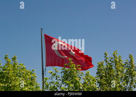 Türkische rote Flagge am Mast über Bäume Stockfoto