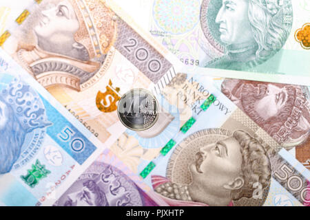 Euro Münze auf dem Hintergrund der Polnische Banknoten Stockfoto