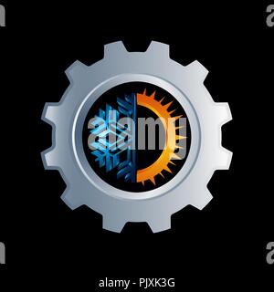 Gang heiße und kalte runde Zeichen Logo. Temperaturausgleich Symbol. Sun und Schneeflocke Linienstil Symbole mit roten und blauen Teile des Kreises. Klima Wetter l Stock Vektor