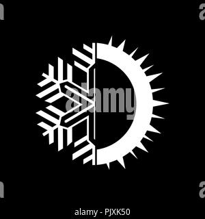 Warme und kalte runde Schild mit schwarzem Hintergrund. Temperaturausgleich Symbol. Sun und Schneeflocke Linienstil Symbole mit roten und blauen Teile des Kreises. Klima wir Stock Vektor