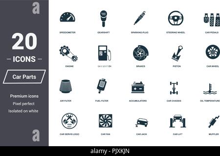 Auto Teile Symbole gesetzt. Premium Qualität symbol Collection. Auto Teile Icon Set einfache Elemente. Fertig in web design, Apps, Software zu verwenden, drucken Stock Vektor