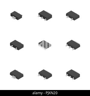 Einstellen der verschiedenen aktiven und passiven elektronischen Komponenten auf weißem Hintergrund. Flache isometrische 3D-Stil, Vector Illustration. Stock Vektor