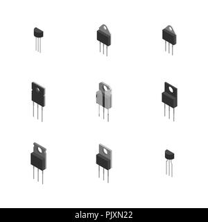 Einstellen der verschiedenen aktiven und passiven elektronischen Komponenten auf weißem Hintergrund. Flache isometrische 3D-Stil, Vector Illustration. Stock Vektor