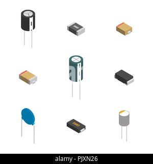 Einstellen der verschiedenen aktiven und passiven elektronischen Komponenten auf weißem Hintergrund. Flache isometrische 3D-Stil, Vector Illustration. Stock Vektor