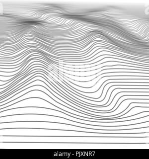 Abstrakte Wavy Stripe Drahtmodell Hintergrund. Digitale Cyberspace Berge und Täler. 3D-Technologie Abbildung Landschaft. Vektor Stock Vektor