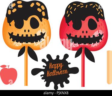 Rot und Orange Apple mit Karamell, Schokolade Süßigkeiten auf Sticks. Happy Halloween Dessert. Vector Illustration auf weißem Hintergrund. Stock Vektor