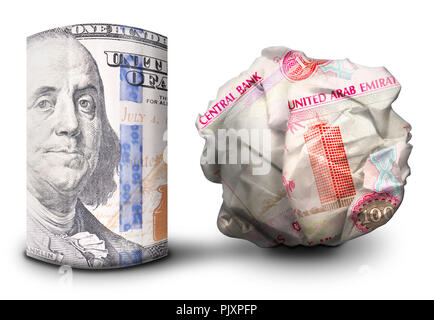 Zwei fiat money Bills nebeneinander stehen. Man flach und einem Zerbröselten Währung symbolisiert Stärke und Schwäche. Stockfoto