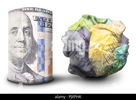 Zwei fiat money Bills nebeneinander stehen. Man flach und einem Zerbröselten Währung symbolisiert Stärke und Schwäche. Stockfoto