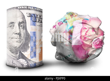 Zwei fiat money Bills nebeneinander stehen. Man flach und einem Zerbröselten Währung symbolisiert Stärke und Schwäche. Stockfoto