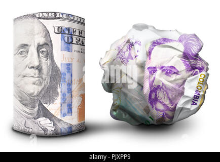 Zwei fiat money Bills nebeneinander stehen. Man flach und einem Zerbröselten Währung symbolisiert Stärke und Schwäche. Stockfoto
