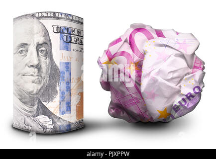 Zwei fiat money Bills nebeneinander stehen. Man flach und einem Zerbröselten Währung symbolisiert Stärke und Schwäche. Stockfoto