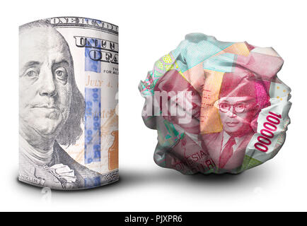 Zwei fiat money Bills nebeneinander stehen. Man flach und einem Zerbröselten Währung symbolisiert Stärke und Schwäche. Stockfoto