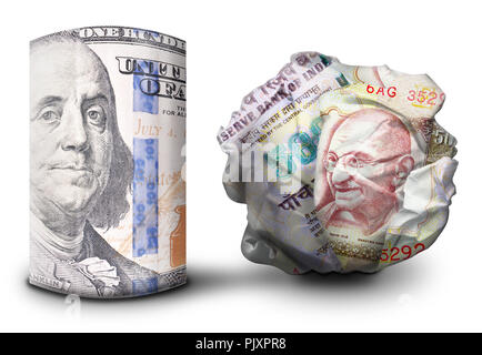 Zwei fiat money Bills nebeneinander stehen. Man flach und einem Zerbröselten Währung symbolisiert Stärke und Schwäche. Stockfoto