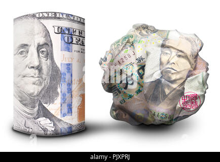 Zwei fiat money Bills nebeneinander stehen. Man flach und einem Zerbröselten Währung symbolisiert Stärke und Schwäche. Stockfoto